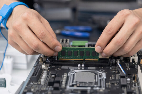 Close-up of a technician carefully installing a memory module into a desktop computer motherboard during hardware assembly or repair.