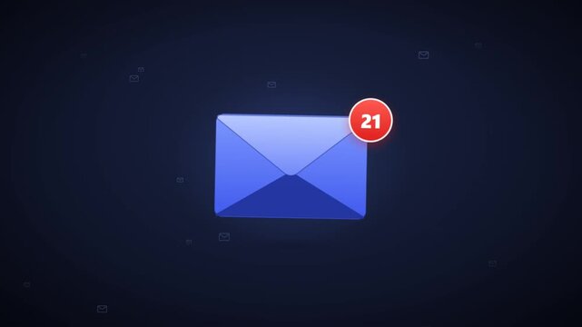 Email envelope icon animation with red unread notification counter and green screen version