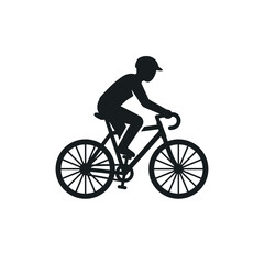 Obraz premium Black silhouette of a person riding a bicycle, depicting a cyclist in motion with a cap on a white background.