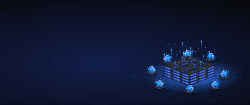 Ai cloud computing isometric vector illustration. cloud computing infrastructure technology with digital data center concept web banner.