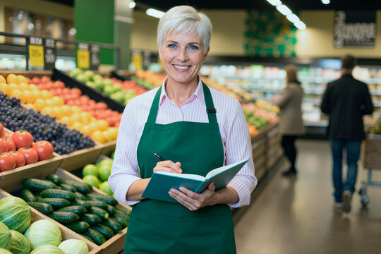 Portrait of middle aged Caucasian woman grocery worker checking produce inventory and writing notes in supermarket, for retail staffing, food sales, supply management