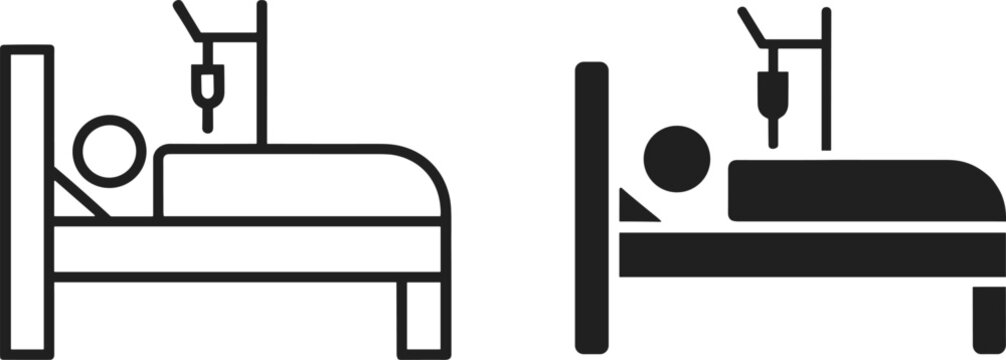 Patient in hospital bed with IV drip icon outline and filled versions Keywords: patient, hospital bed, IV drip, intravenous