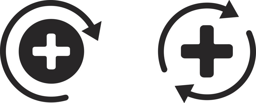 Two circular icons with a plus sign and rotating arrows in dark gray on white Keywords: plus sign, medical symbol, health icon