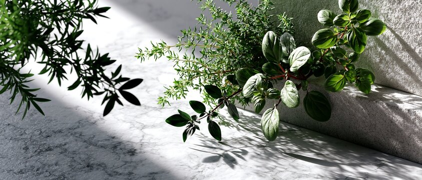 Fresh Aromatic Herbs on Marble Surface with Natural Sunlight and Shadows