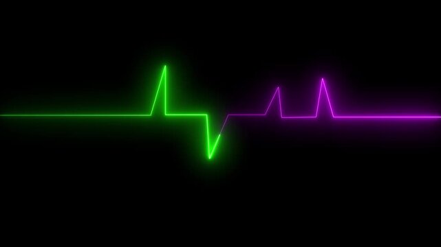 Neon purple and green heartbeat ekg signal line on black background ecg