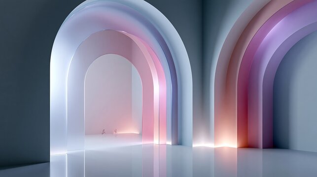 Abstract Geometric Arches with Soft Gradient Colors and Reflective Floor