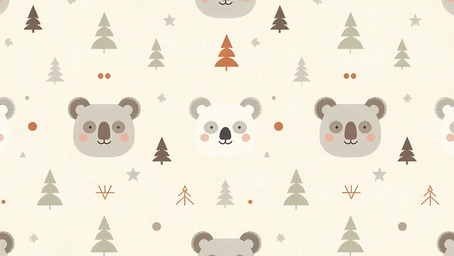 Cute panda and koala seamless pattern with pine trees, Scandinavian boho nursery wallpaper and fabric design for kids