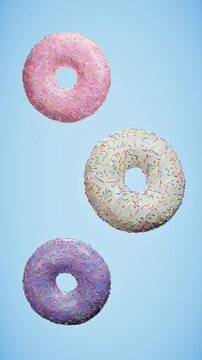 Colorful donuts with sprinkles on blue background. 3d rendering