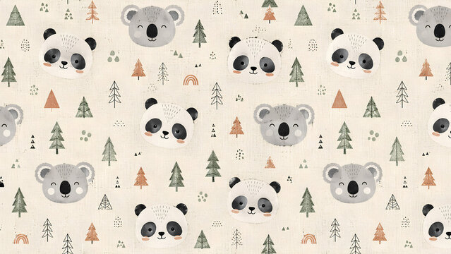 Cute panda and koala seamless pattern with pine trees, Scandinavian boho nursery wallpaper and fabric design for kids