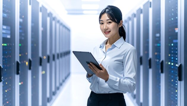 An Asian woman, wearing a light blue button-down shirt, smiles while holding a tablet in a server room. She stands in the center aisle