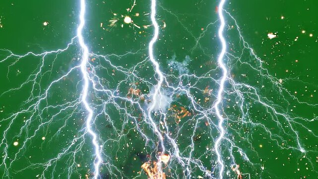 Triple Lightning Bolt Blast Green Screen. Intense triple electric lightning strike VFX with fiery sparks and light explosion overlay isolated on green screen.