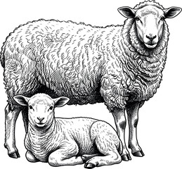 Ewe and Lamb Sheep Family Engraving Style Vector Illustration with Hand Drawn Wool Texture for Agriculture Farming and Organic Food Packaging Graphic Designs © Michael