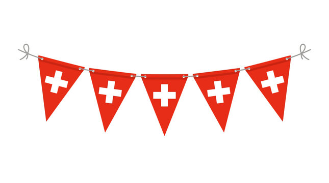 A festive string of triangular bunting flags featuring the Swiss national flag design.
