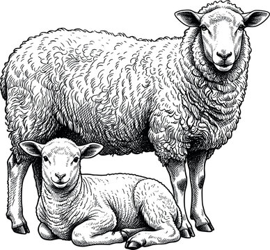Ewe and Lamb Sheep Family Engraving Style Vector Illustration with Hand Drawn Wool Texture for Agriculture Farming and Organic Food Packaging Graphic Designs