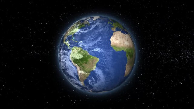 Realistic Earth views trace geographic landmass movements underneath clouds. Deep space exploration concepts come alive over this stunning starry planet. Spheres rotate.