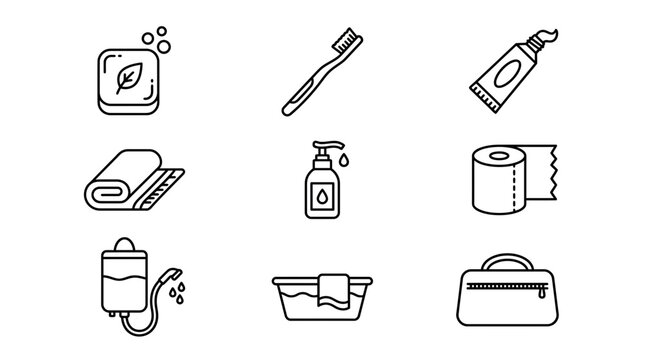 Set of simple black and white line art icons representing various bathroom hygiene personal care and daily cleaning travel accessories