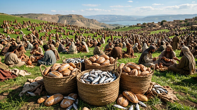 The miracle of feeding the 5000. Baskets overflowing with simple bread loaves and small fish on the grass. Divine provision concept