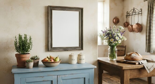 Blank vertical wooden picture frame mockup in rustic country kitchen - Interior poster art display template - Horizontal banner asset