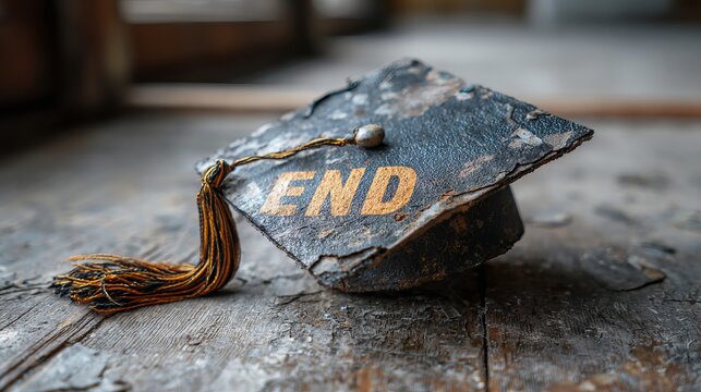 A weathered graduation cap with 'end' embossed rests on a rustic wooden floor, symbolizing completion and a new chapter's beginning.