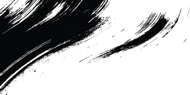 Abstract black grunge brush stroke and rough ink splatter curved background texture graphic design vector.