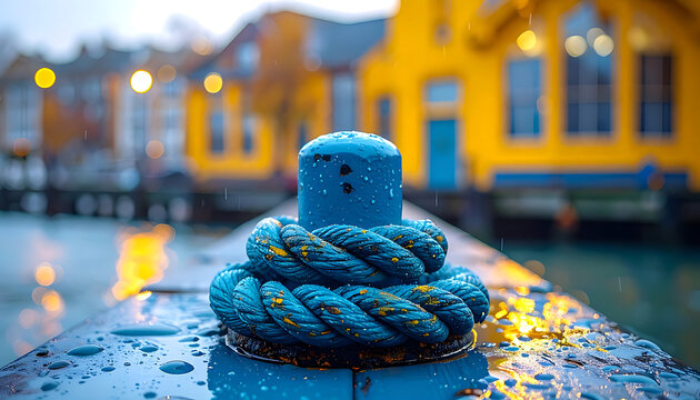 Blue rope wrapped around bollard dock.
