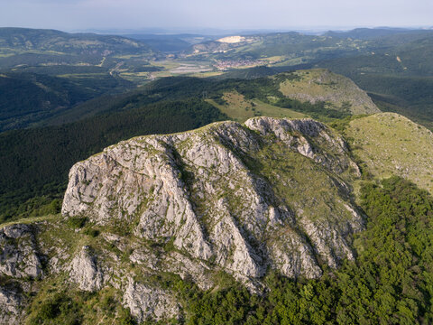 Aerial View of Uch Kaya Rocky Ridge and Scenic Mountain Landscape in Bulgaria