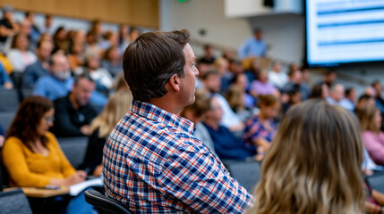 Obraz premium Education credential value seminar in a community college auditorium, a labor market researcher presenting wage premium data by certification type to a packed audience of returning adult learners, S