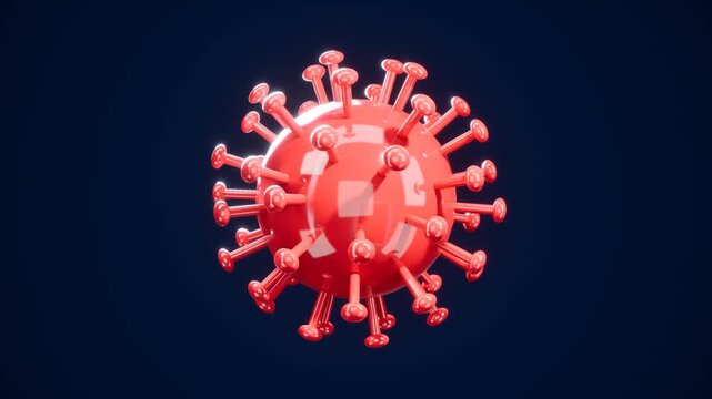 Red coronavirus model with spikes on dark blue backdrop. 3d rendering