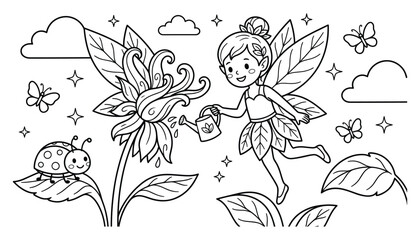 Little fairy watering a blooming flower with a ladybug and butterflies in a whimsical garden scene vector silhouette © MdJamil