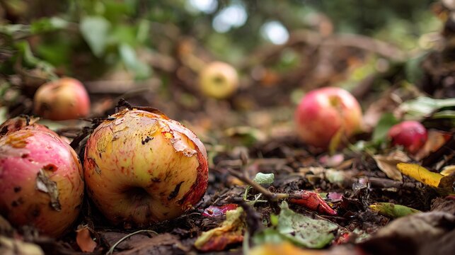 Decaying apples lie scattered on the ground amidst autumn leaves outdoors