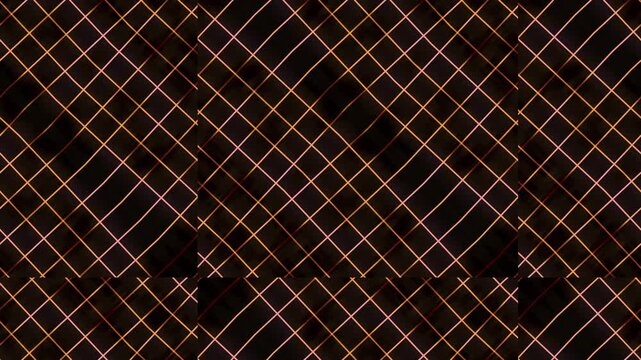 Abstract diagonal grids coordinate copper and pink vector lines over black. High contrast mathematical templates match modern software dashboards. Mesh layers glide.