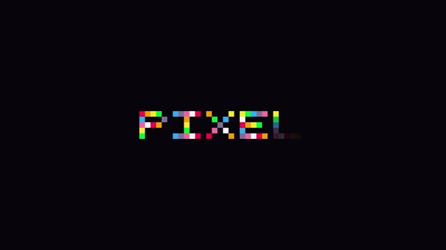 Pixel text animation with colorful retro digital glitch effect on 4k black background