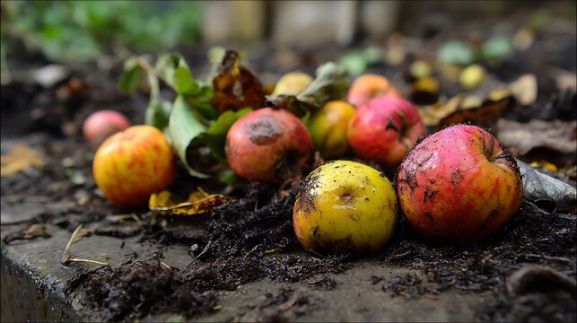 Fallen ripe apples lie scattered on damp ground beneath green foliage