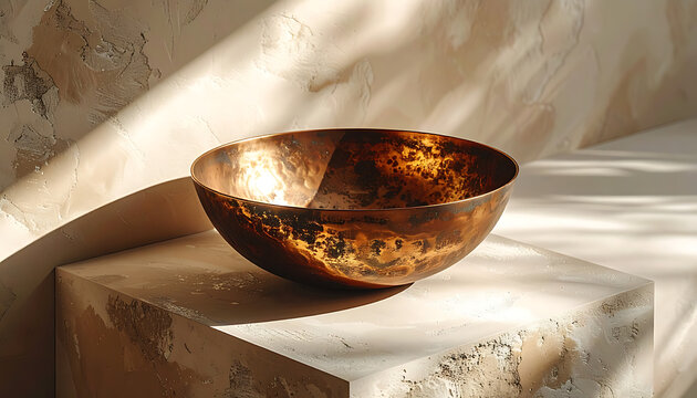 Copper Bowl on Marble Surface Indoors.