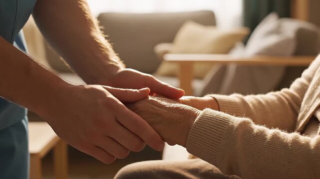 Close up of compassionate young caregiver holding hands with elderly patient for support