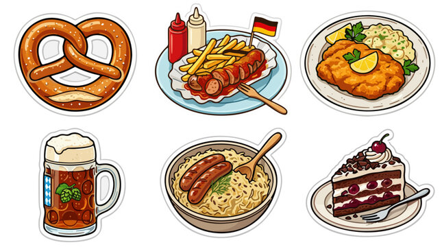 Vector sticker sheet set of traditional German food items including bratwurst sausage, pretzel, schnitzel, sauerkraut, beer mug, and black forest cake