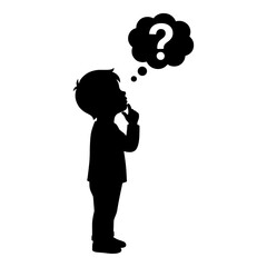 Little boy thinking with question mark thought bubble above head.