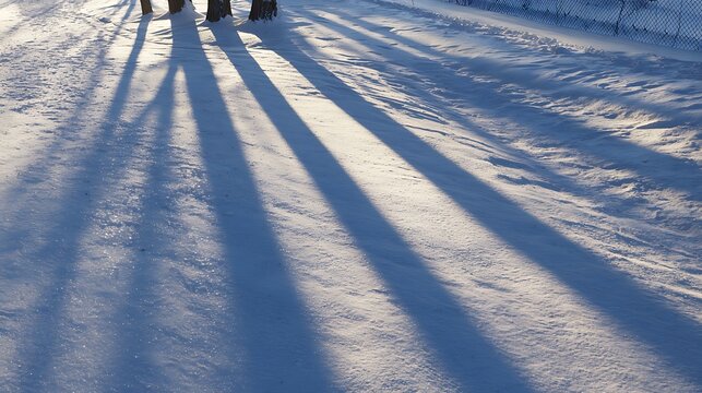 Long tree shadows stretch across fresh sparkling snow in winter
