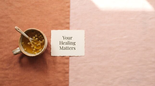 A cup of chamomile tea with a spoon and a note saying your healing matters on a textured twotone fabric background