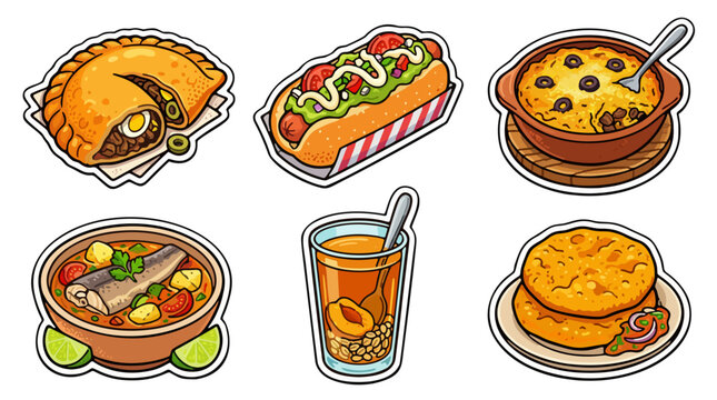 Vector sticker sheet set of traditional Chilean food items including pastel de choclo, empanada pino, completo hot dog, humitas, mote con huesillo, and sopaipilla