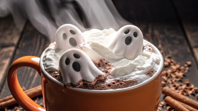 Spooky Halloween Hot Chocolate with Ghost Marshmallows, Cream, and Cinnamon, perfect cozy seasonal beverage