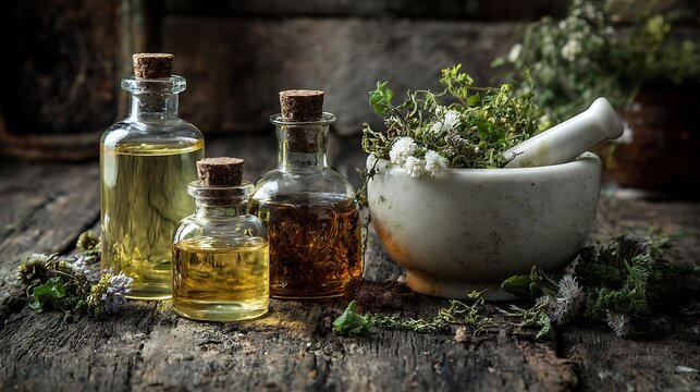 Natural herbal essential oils with mortar and pestle on wood