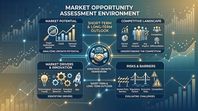 Market opportunity assessment infographic. Business analysis visualization for strategic planning.