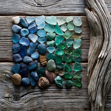 Colorful Sea Glass, Smooth Stones, and Driftwood on Weathered Wood