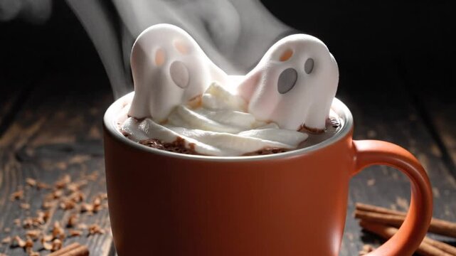 Spooky Halloween Hot Chocolate Drink in Orange Mug with Ghost Marshmallows and Steaming Whipped Cream