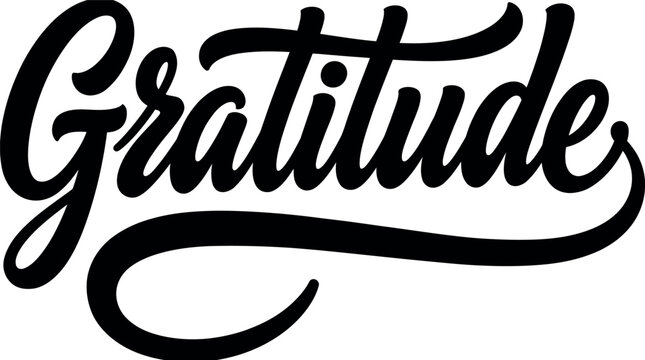 Elegant black ink brush script typography featuring the word gratitude isolated on a clean white background for creative design