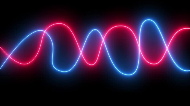 Wavy lines patterns cascade modern red and blue neon light paths down the screen. Electronic music broadcast visualization sets gain high aesthetic energy. Wave shapes loop.