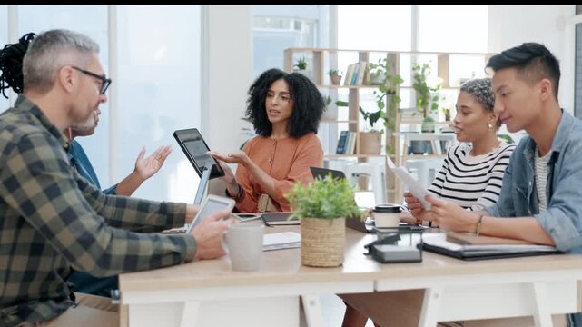 Meeting, documents and collaboration of business people, leader or design team working on meeting research results. Group communication, designer teamwork and staff cooperation on creative branding