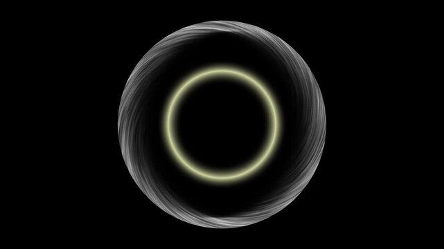 Grey orb graphics twist sharp yellow neon loops around dark cosmic display planes. Contemporary graphic design templates gain an immediate electronic edge. Spheres rotate.