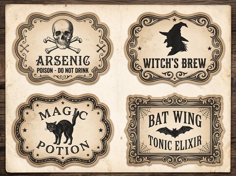 Set of Vintage Halloween Apothecary Potion Labels with Witch, Skull, Bat, and Black Cat Illustrations